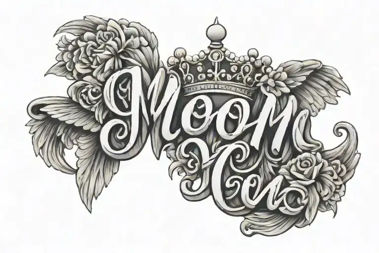 Create A Tattoo Of The Word Mom With A Crown On The M 1965 In The Bottom And Angel Wings On The Side