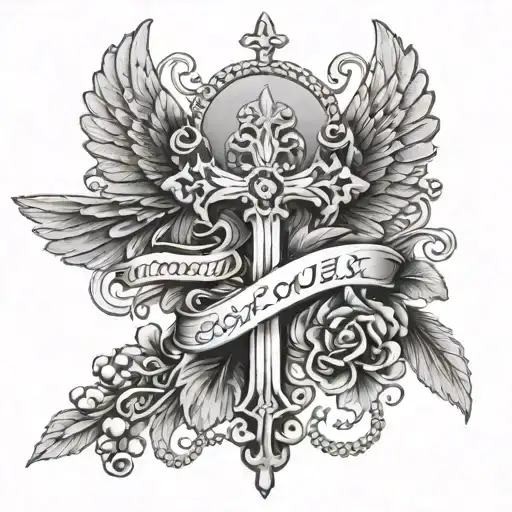 Name Tattoo With Rosary And Angel