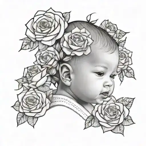 Baby Portrait With Roses Blooming Flowers