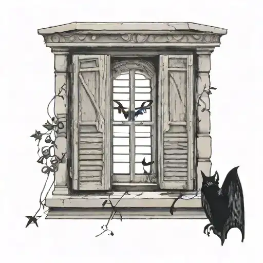 Rectangle Chateau Window With Open Shutters And Small Bat Inside