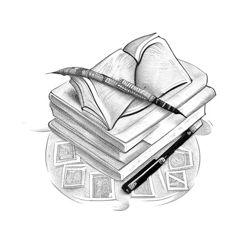 A Black-grey Tattoo Of A Stack Of Books With A Quill Pen Writing 'Amore' On A Scroll