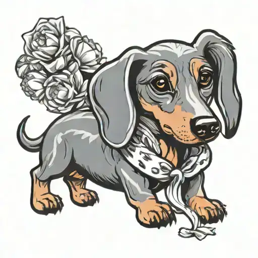 Cartoon Weiner Dog With Flowers Tied Together With A Ribbon