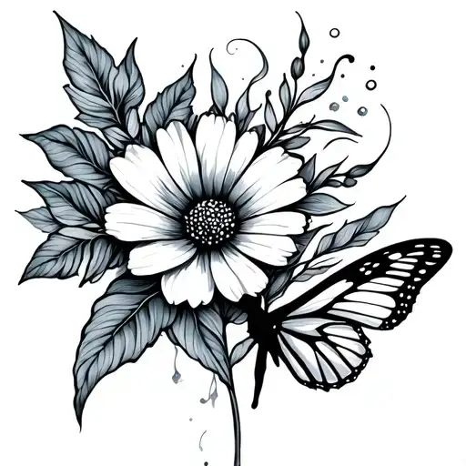 Fine Line Flowy Lines With One Flower And A Butterfly Minimalist
