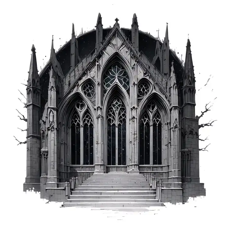 Massive Gothic Cathedral With A Dark Stained Glass Window