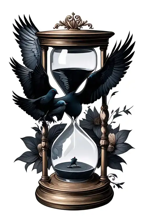 Hourglass With Three Black Doves Flying Above