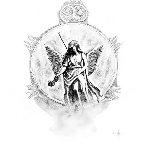 A Black And Grey Sketch Of An Angelic Figure Surrounded By Iconic Greek Artwork