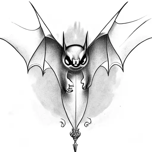 Design A Black-grey Tattoo Of A Bat With A Dagger As Its Body