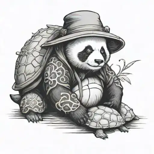 Fighting Panda With Chinese Hat And Turtle Shell On Its Back