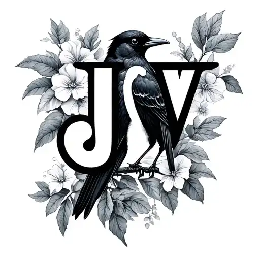 Magpie Line Drawing Incorporating Letters J & V