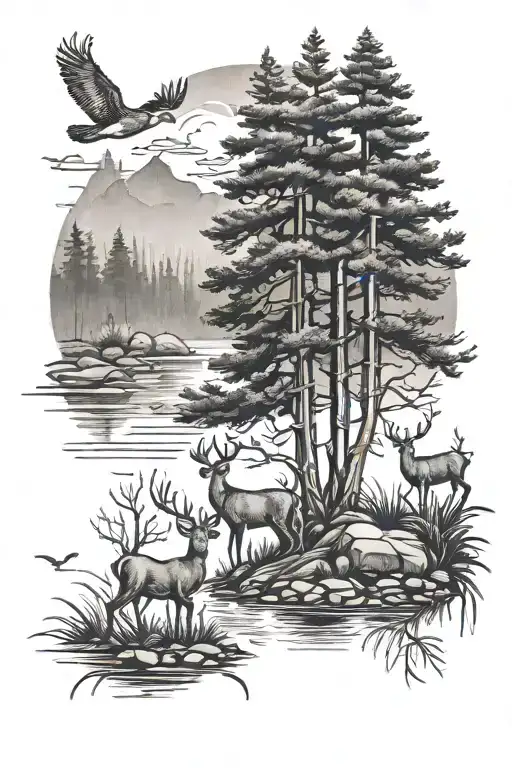 Pine Trees And Deer With A River And Ducks Flying Away