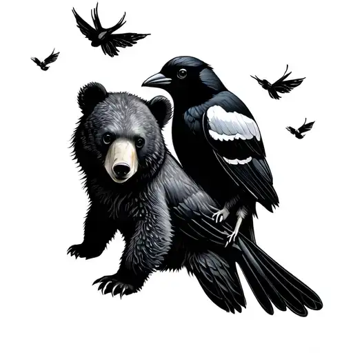 Magpie Bird With Fireflies And A Bear Cub