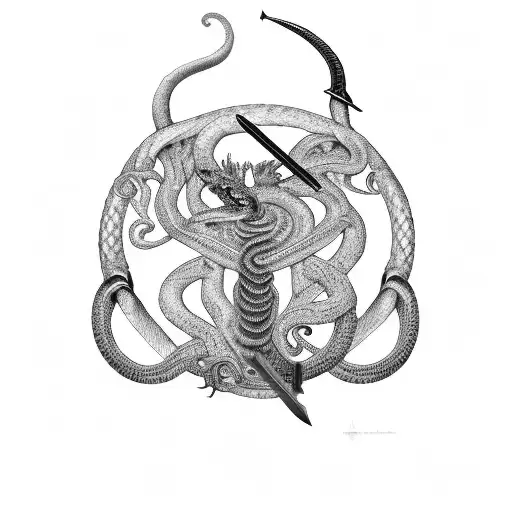 Striking Black-and-gray Snake Coiled Around A Sword