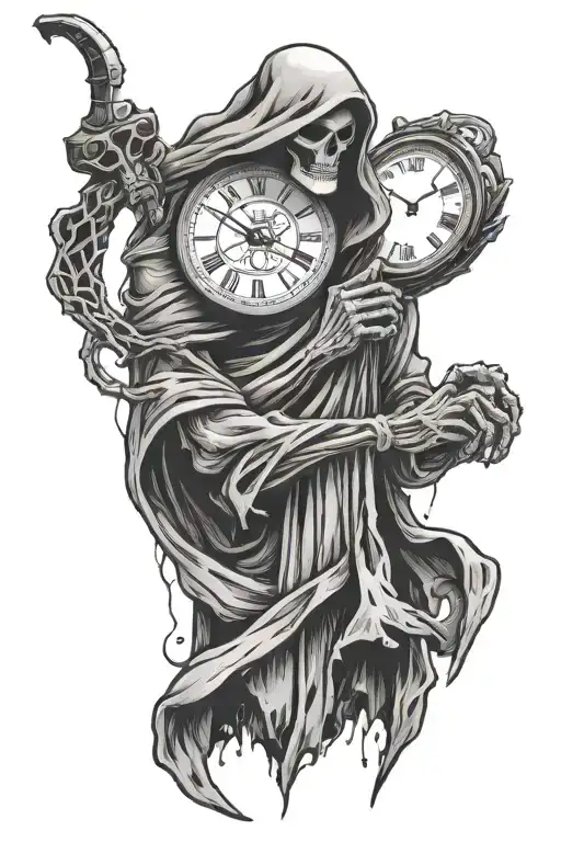 Grim Reaper Hand Holding A Broken Clock