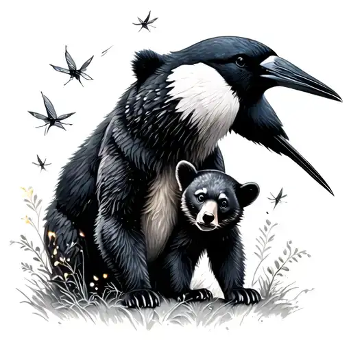 Magpie Bird Looking Over A Bearcub Surrounded By Fireflies