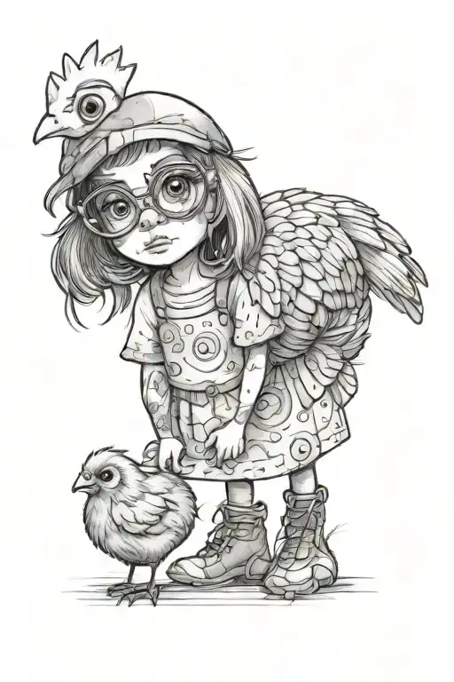 Little Girl With Big Eyes Standing Next To A Chicken