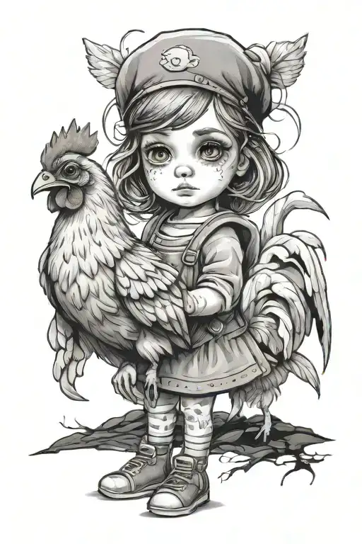 Little Girl With Big Eyes Standing Next To A Chicken