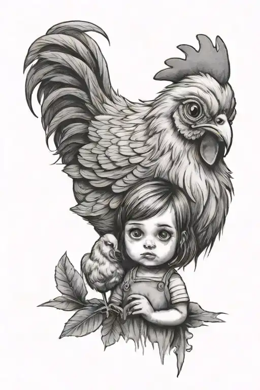 Little Girl With Big Eyes Standing Next To A Chicken