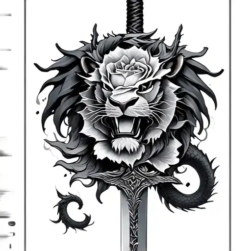 Dragon Lion Rose Sword Intertwined