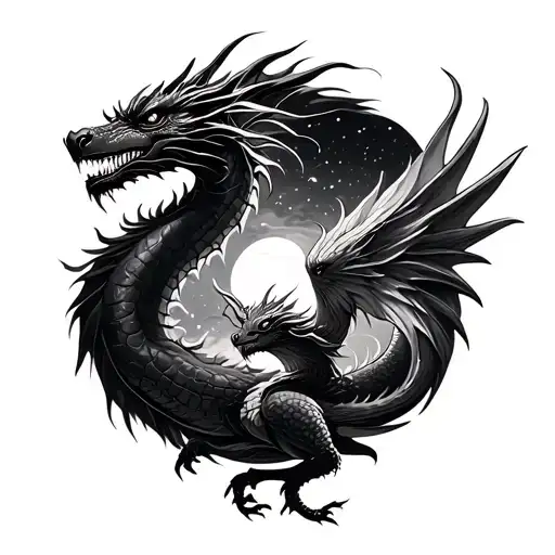 Dragon And Phoenix Night Sky Filled