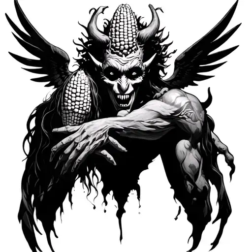 Demon With Corn On His Head And Fly With Her Wings