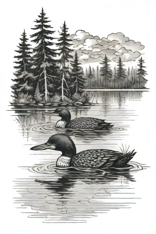 Loons On A Lake With Forest And Sky