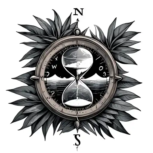 Hourglass And Compass With Paradise Background Symbolizing