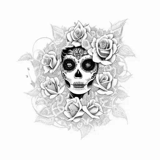 A Beautiful Catrina Day Of The Dead Musician Surrounded By Intricate Rose Vines