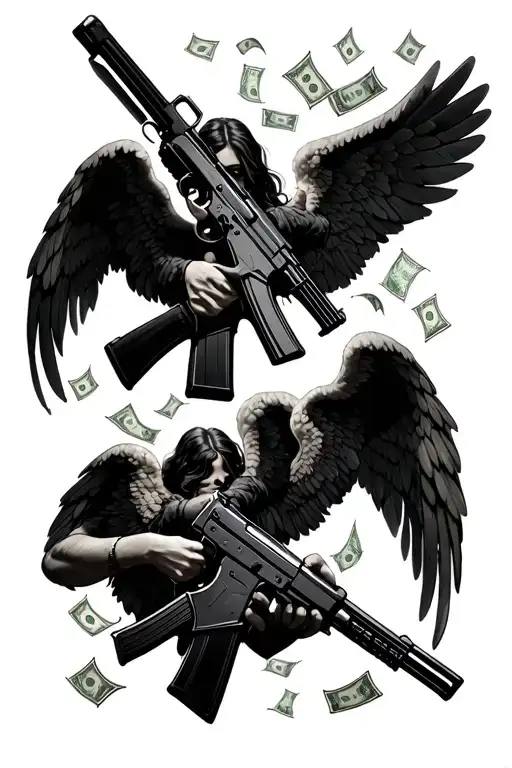 I Want Three Angels Holding Ak47s With Flying Money In The Backround