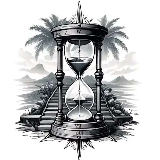 Hourglass And Compass With Stairway To Paradise Background Symbolizing Patience To Success