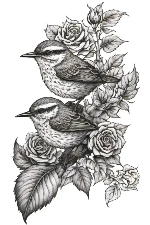 Realistic Pair Of Wrens Within Oak Leaves And Roses Black And White
