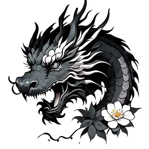 Japanese Dragon With Sakura Flowers