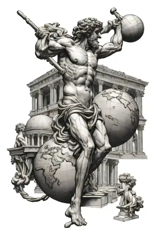 Greek Statue Of Atlas Holding Up The Globe Surrounded By Greek Buildings