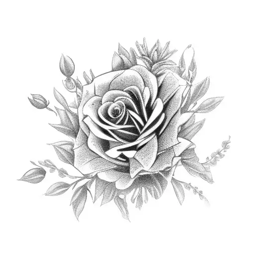 A Black-grey Design Featuring A Bouquet Of Flowers With A Rosary Wrapped Around It
