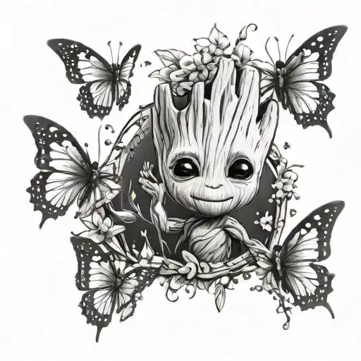 Baby Groot Playing With Butterflies Surrounding