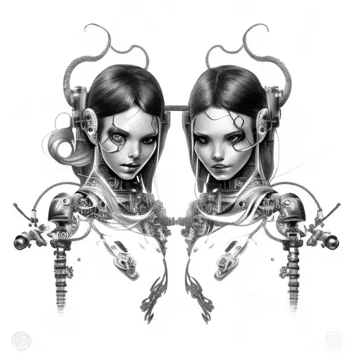 Cyborg Gemini Sisters Hair Tangled Together Conjoined Mischievous Smile Wide Composition