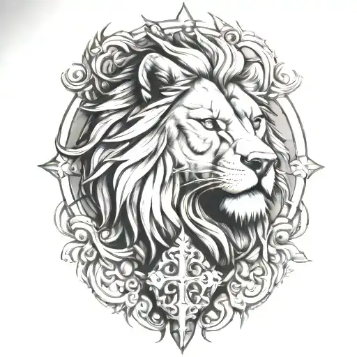 Lion Wolf Surrounding Cross