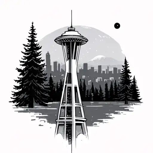 Seattle Washington Evergreen Trees And Space Needle