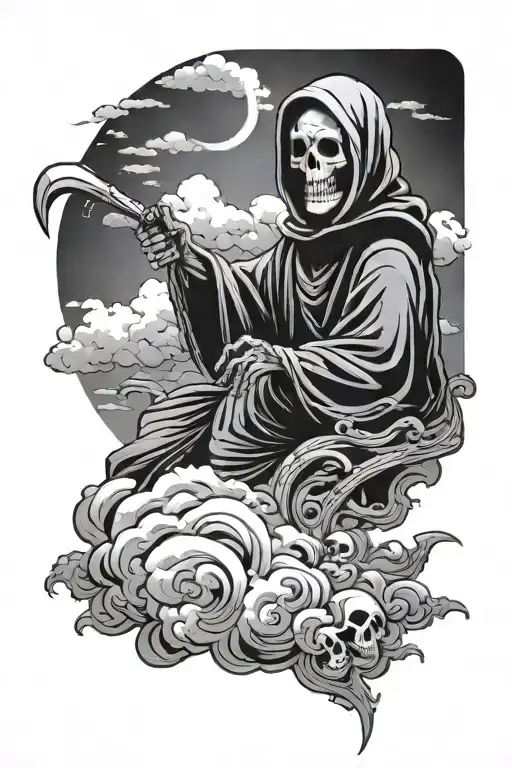 Grim Reaper Sits On A Cloud Background