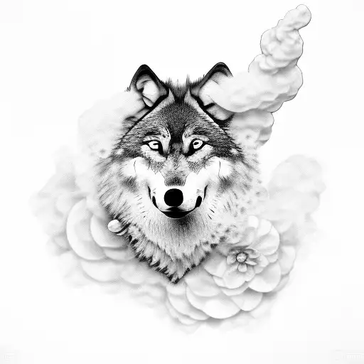 Wolf Blowing Smoke Upwards With Flowers In A Line