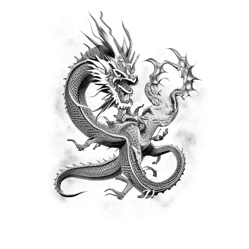 A Japanese Dragon Fighting A Western Dragon As Black And White