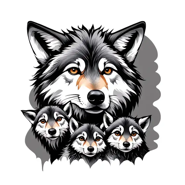 Abstract Mother Wolf Face With Babies