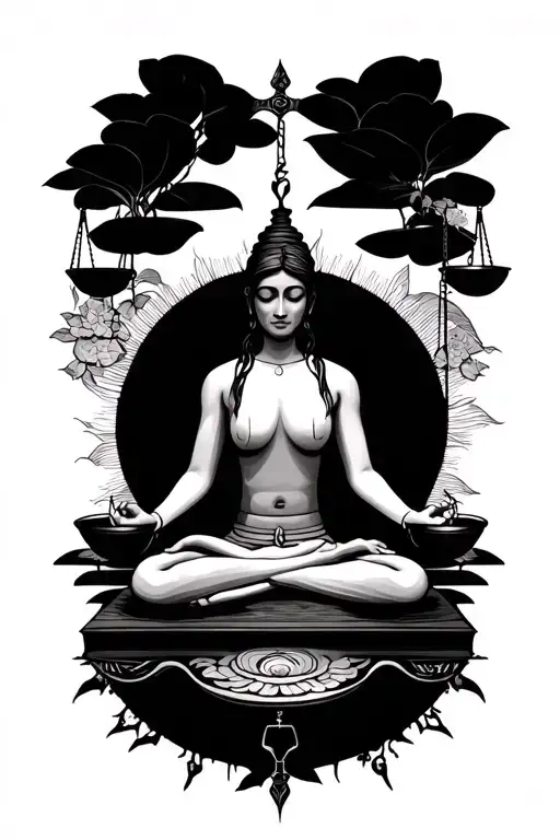 Balance Scale And Meditation Scene Depicted