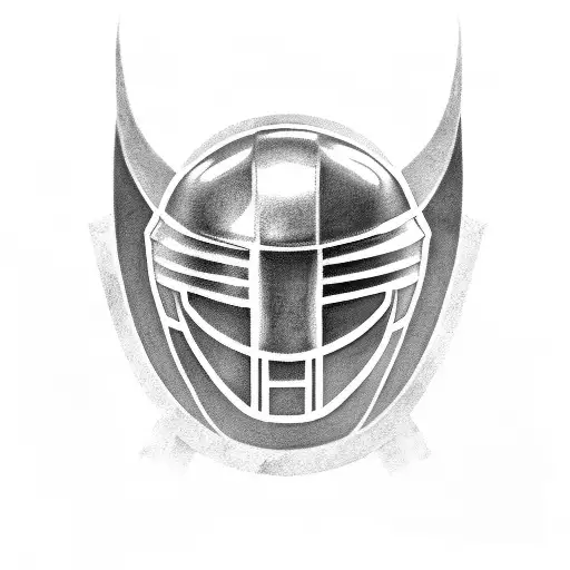 A Black And Grey Tattoo Of A Spartan Helmet With Ogum's Symbol Engraved On It