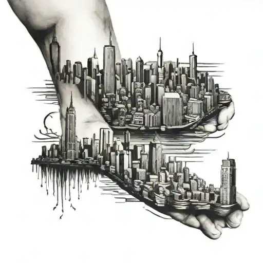 New York City Skyline With Child Walking Up To It On A Man's Forearm