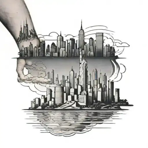 New York City Skyline With Child Walking Up To It On A Man's Forearm