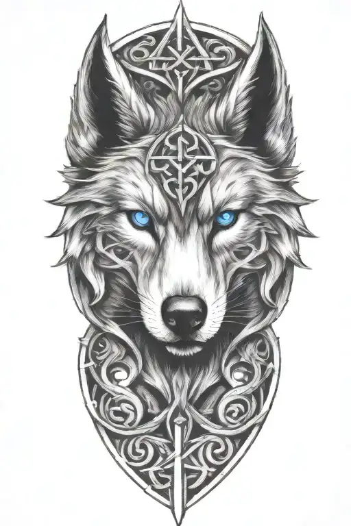 Wolf With Blue Eyes On Armor Tattoo Design Featuring Celtic Trinity Knot