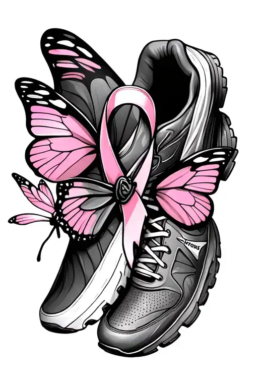 Breast Cancer Ribbon With Brooks Running Shoes And A Butterfly