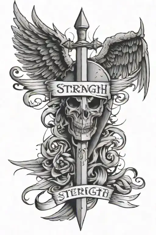 Strength In Script Surrounded By A Broken Sword And Wings