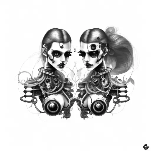 Goth Cyborg Gemini Sisters Conjoined Facing Each Other