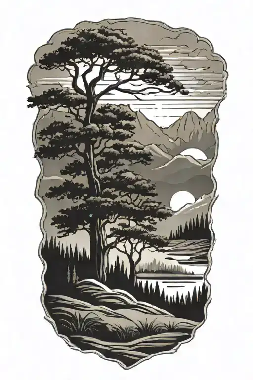 Golf Landscape Tattoo Featuring Cedar Tree